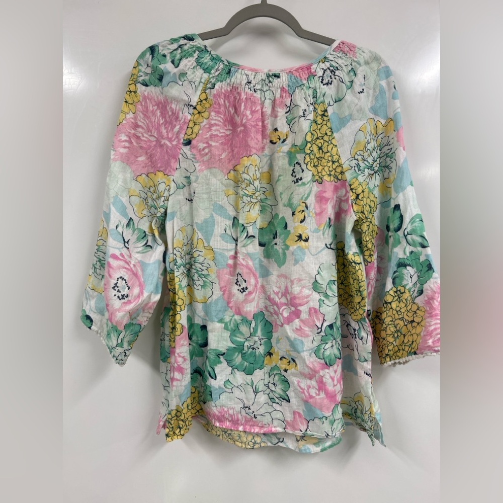 Charter Club 100% Linen Floral Peasant Top Cottagecore Boho Blouse Pastel size L - Picture 6 of 12